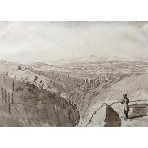 Landscape Between Pont De Beauvoisin And Les Echelles, Brown Ink Wash, 19th Century