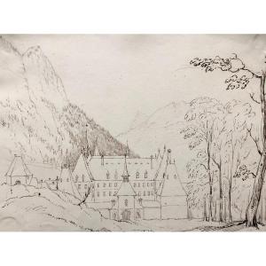 Grande Chartreuse Monastery, Brown Ink Drawing