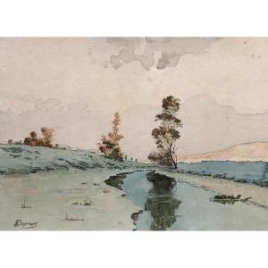 Pond Banks, Watercolor Early 20th Century, Signature To Identify