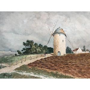Landscape At The Mill, Watercolor Early 20th Century, Signature To Identify