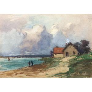 Characters On A Beach, Watercolor Early 20th Century