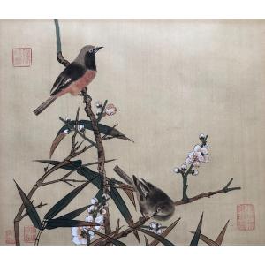 Benched Birds, Painting On Silk, China, 20th Century