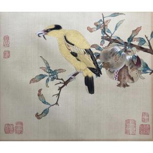 Oiseau Branché, Peinture Sur Soie, Chine, XXe