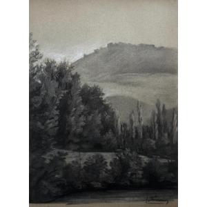 Landscape, Charcoal Drawing Signed L. Fournier