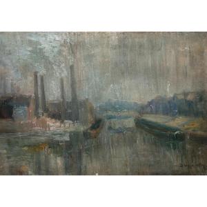 Jean Dreyfus-stern, View Of Port, Oil On Cardboard