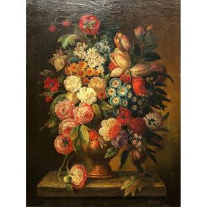 Matilda Calzolari, Bouquet De Fleurs, Huile Sur Toile Dans Le Goût Du XVIIIe