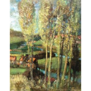 Landscape With Poplars, Oil On Canvas, Signature To Be Identified