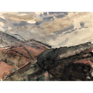 Paysage Montagneux, Aquarelle Sur Traits De Fusain, XXe