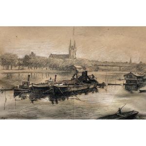 Barges In Angers, Drawing Signed And Dated 1939