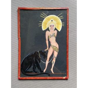 Woman And Her Panther, Art Deco Gouache, Monogram To Identify