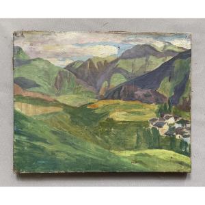 Paysage Montagneux, Huile Sur Toile
