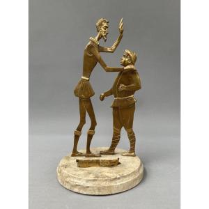Don Quichotte Et Sancho Panza, Sculpture Bronze Doré