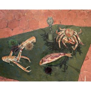 Dolly Davis, Nature Morte Aux Crustacés, Huile Sur Toile, Grand Format