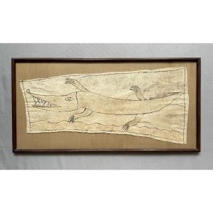 Crocodile, Peinture Sur Tissu, Afrique? Art Premier