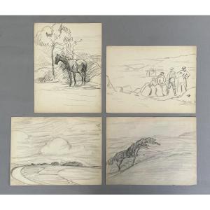 Cheval, Personnages, Paysages, 4 études à la craie