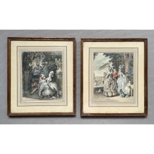 In The Garden, Pair Of Watercolor Engravings