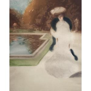 Elégante au parc, gravure couleur d'après Abel Truchet