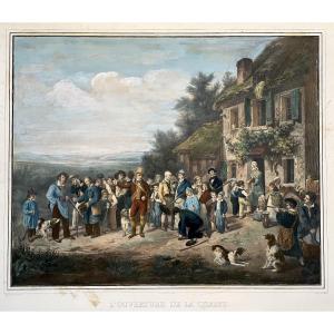 The Opening Of The Hunt, Watercolor Lithograph