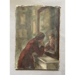 Femme pensive devant son miroir, huile sur toile