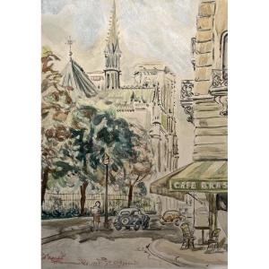 Notre Dame De Paris, Watercolor Dated 1955, Signature To Be Identified