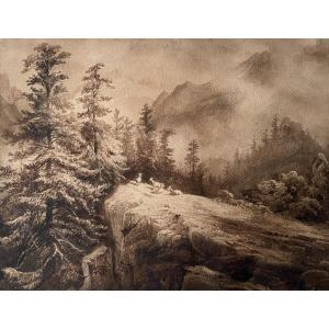 Georges GRISEL, Chèvres dans un paysage de montagne, lavis d'encre brune