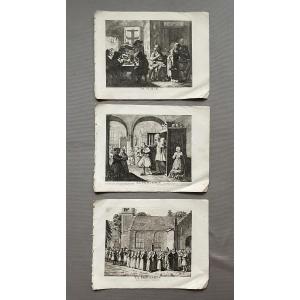 Moeurs et usages bretons, trois gravure d'après Olivier Perrin