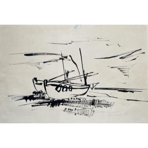 Jef FRIBOULET, bateaux à marée basse, dessin signé et dédicacé