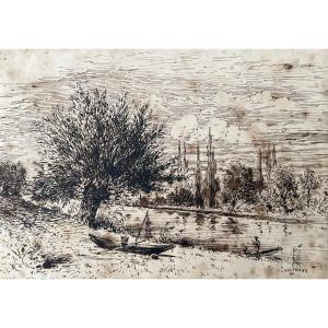 Pêcheurs en bord de rivière, dessin à l'encre signé Lallemand, 1866