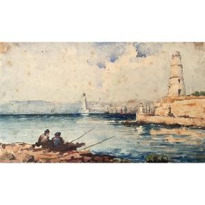 Pêcheurs à l'entrée du port, aquarelle