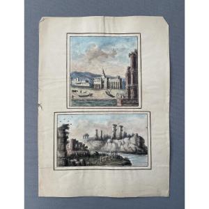 Ancient Ruins, Travel Watercolors, 19th Century