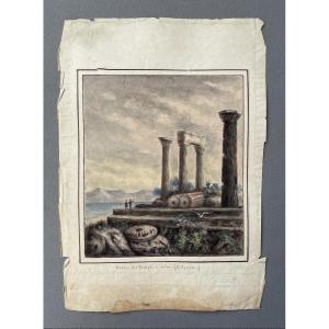 Restes du Temple à Oéné, Haute Egypte, Aquarelle de voyage, XIXe