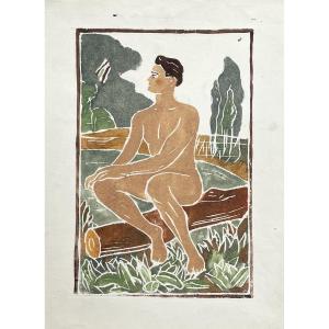 Male Nude, Engraved Wood