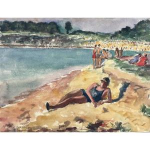 Beach At Vigneux Sur Seine, Watercolor By A. Chapitel