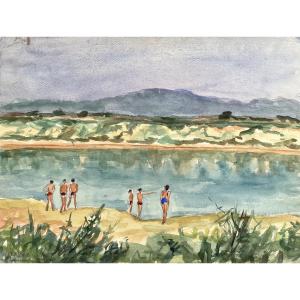 Body Of Water In Vigneux Sur Seine, Watercolor By A. Chapitel 