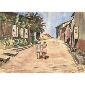Passavant, Little Girls In A Street, Watercolor By A. Chapitel
