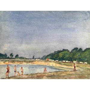 Body Of Water In Villeneuve St Georges, Watercolor By A. Chapitel