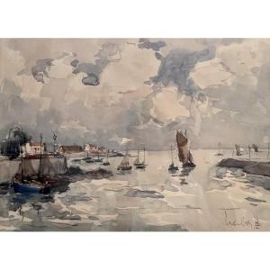 Fernand Herbo, Marine Painter, Port View, Watercolor