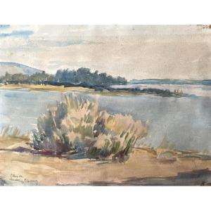 Etang de Carcans, aquarelle, signature à identifier