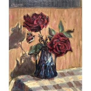 Louis Ferrand, bouquet de roses, huile sur panneau
