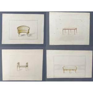 Projets de banquettes, 4 dessins aquarellés