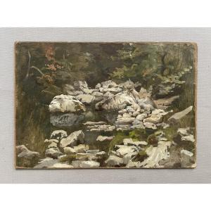 Torrent, huile sur papier, XIXe
