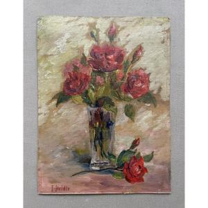 Bouquet de roses rouges, huile sur carton, signature à identifier