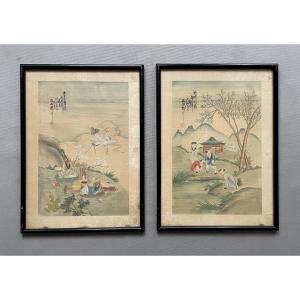 Deux aquarelles sur soie, Chine