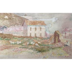 Shepherd And His Flock, Watercolor, Signature To Be Identified