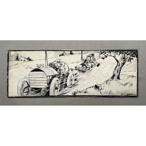 Rallye automobile, estampe humoristique, artiste à identifier