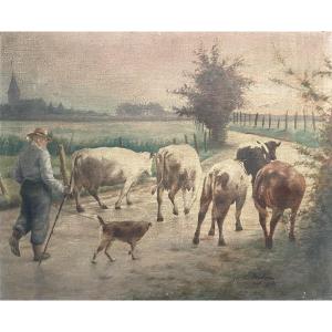 Peasant And His Cows, Oil On Paper Signed And Dated 1942