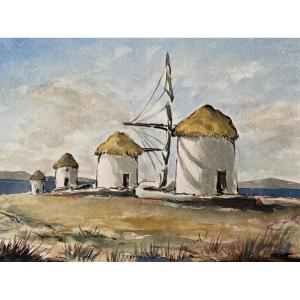 Mykonos, The Windmills, Watercolor