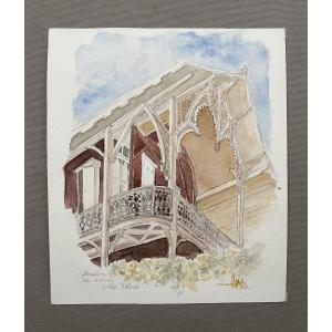 Arcachon, Ville d'Hiver, Villa Toledo, Aquarelle signée Gilles T. Thomas 