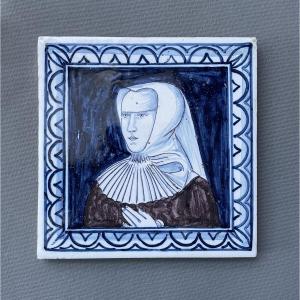 Portrait de Marguerite de Navarre? Carreau de faïence peint
