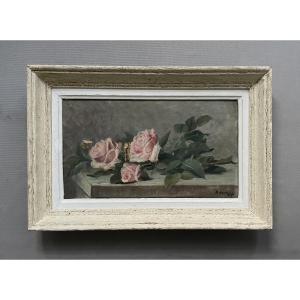Roses sur un entablement, huile sur toile à restaurer